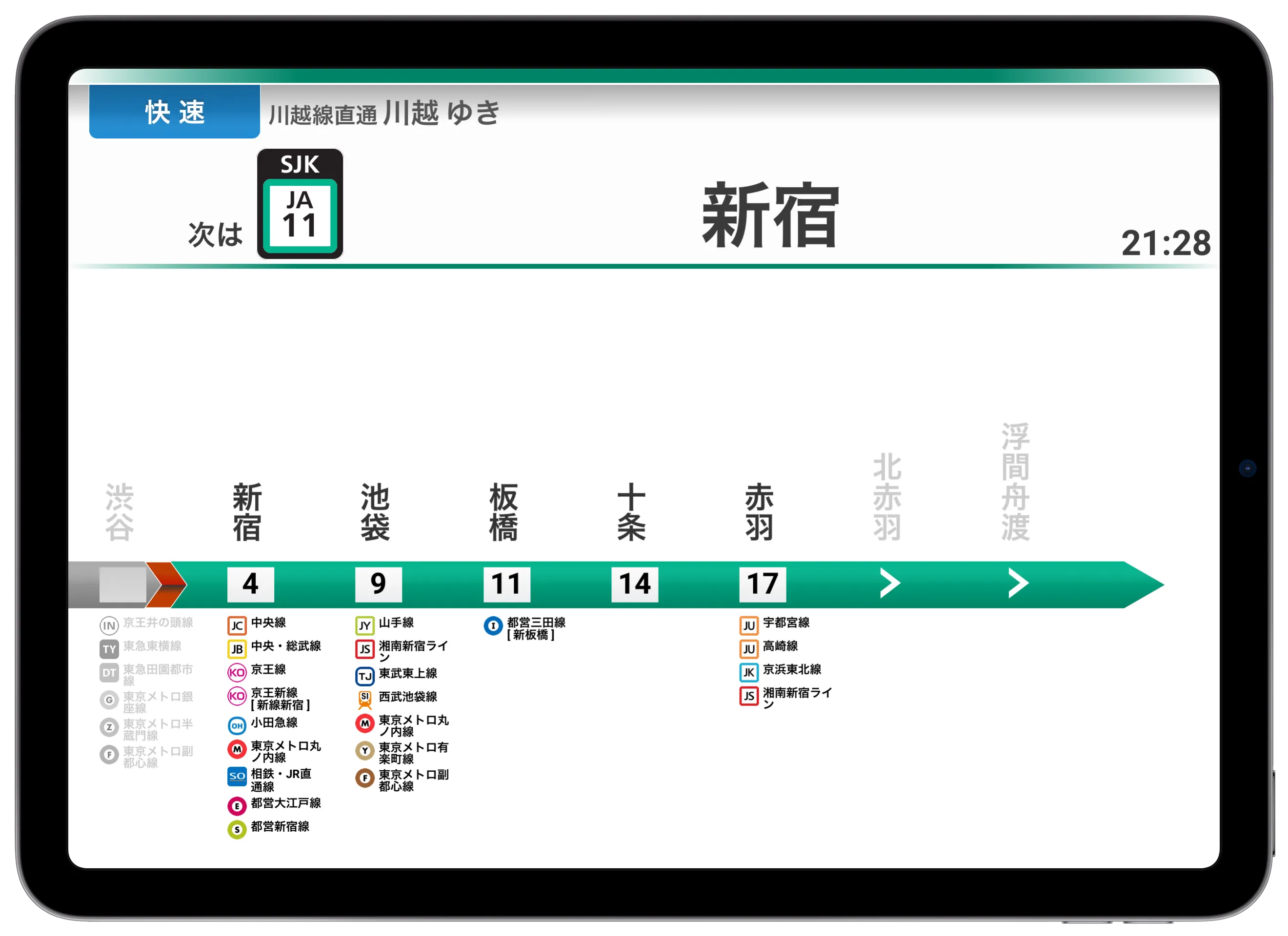 iPadでのTrainLCDの走行画面(埼京線 新宿駅・川越ゆき)